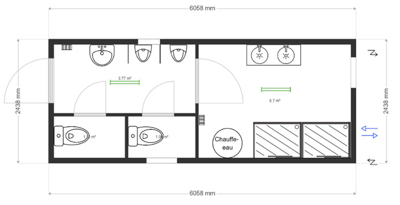 Module sanitaire 20' Partie Hommes WC/Douche/Urinoir + Partie Femmes WC/Douches