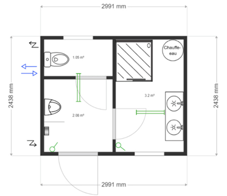 Module bureau 10' + WC/Urinoir/Douche