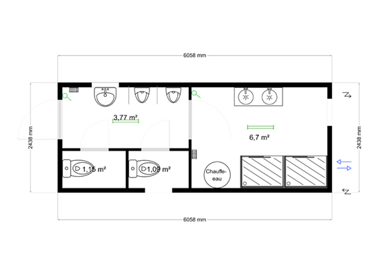 Module sanitaire 20' H/F WC/2 Douches/2 Urinoirs