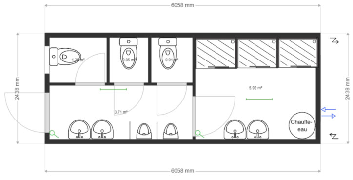 Module sanitaire 20' 6 WC Hommes + Urinoirs